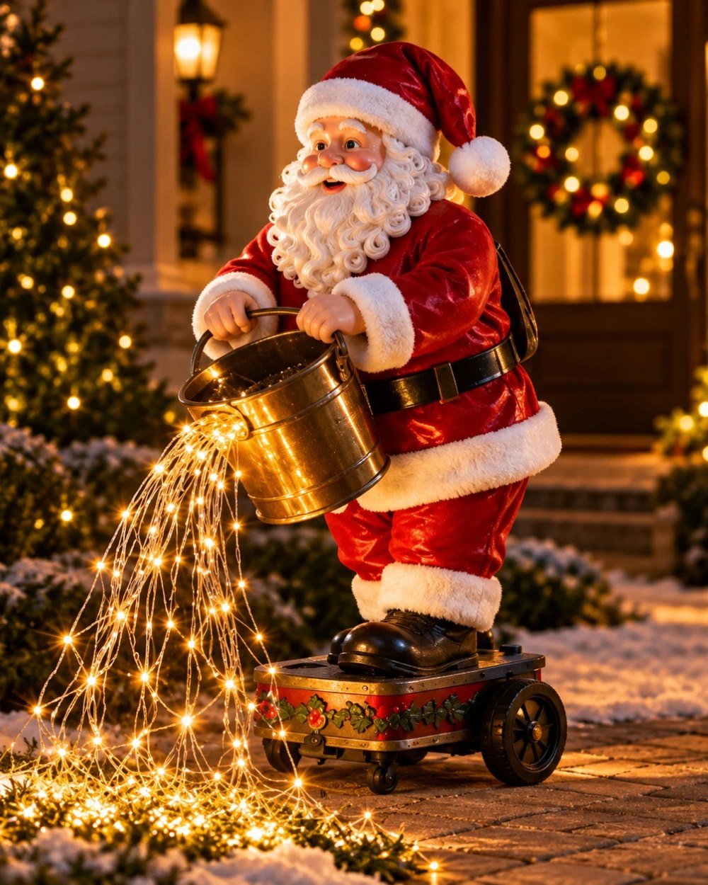 Papai Noel Solar iluminando a entrada da casa
