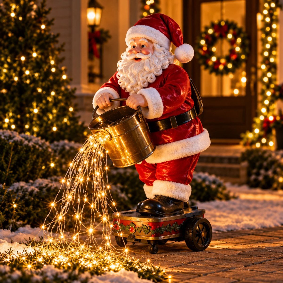 Papai Noel Solar com cascata de luzes LED